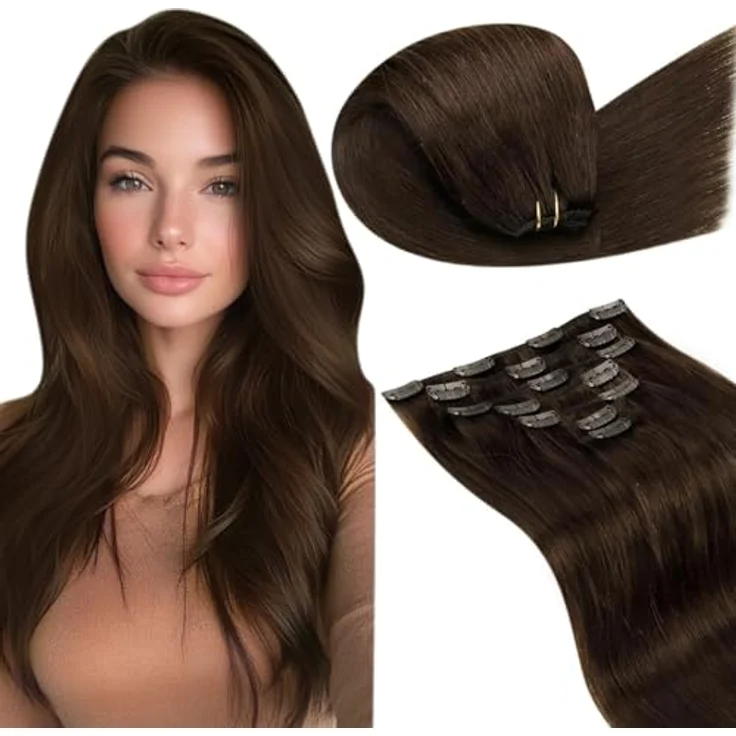 LaaVoo Clip in Extensions Echthaar, dunkelbraun, 35cm, 120g, 7 Stück, natürliche Spitzen, hitzestylingfreundlich – Bild 1