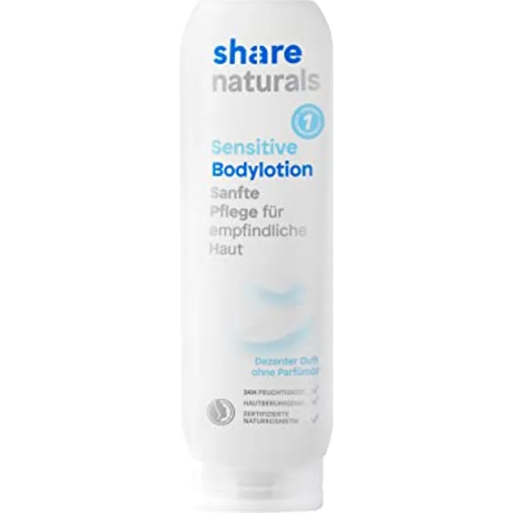 share naturals Bodylotion Sensitive 200 ml – Körpercreme spendet ein Hygieneprodukt an einen Menschen in Not – pH-hautneutrale Körperlotion für empfindliche Haut – vegane Naturkosmetik