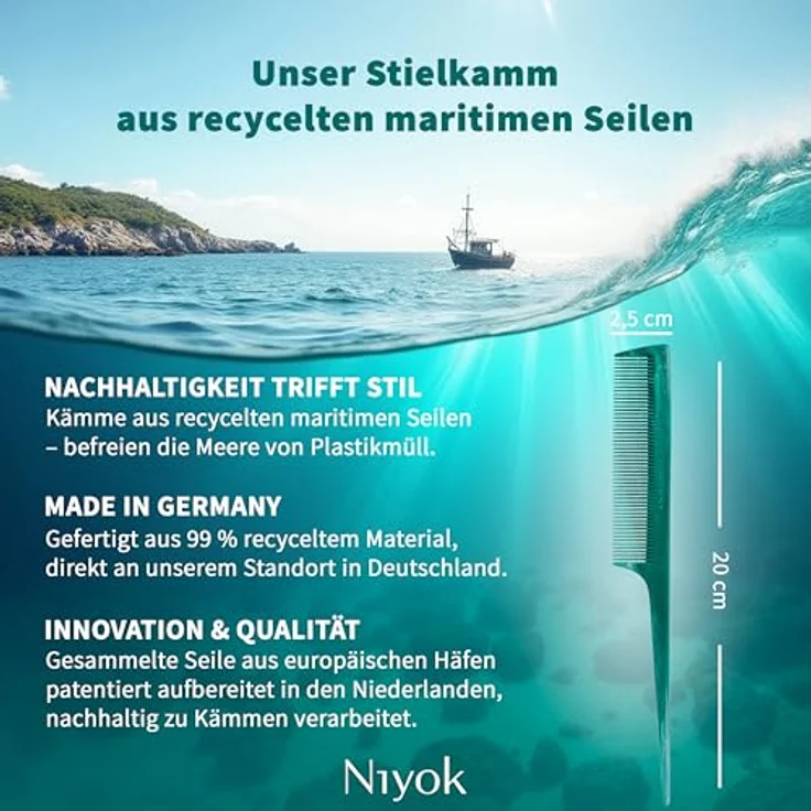 Niyok Stielkamm aus recycelten maritimen Seilen, 99% Recyclingkunststoff, ideal zum Toupieren, Abteilen & Stylen, Made in Germany – Bild 5