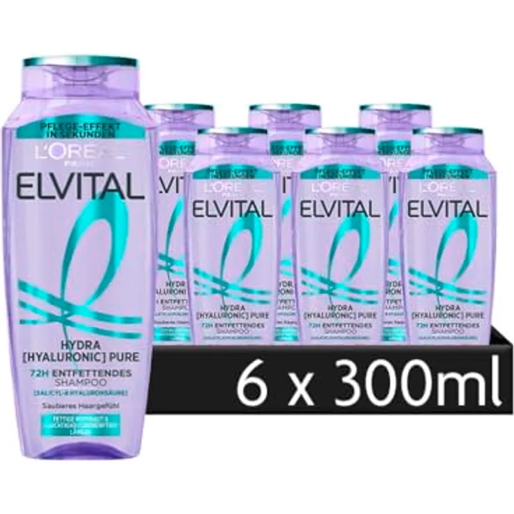 L'Oréal Paris Elvital Hydra Hyaluronic Pure, Entfettendes Shampoo für fettige Kopfhaut mit Salicylsäure und Hyaluronsäure, 6 x 300 ml