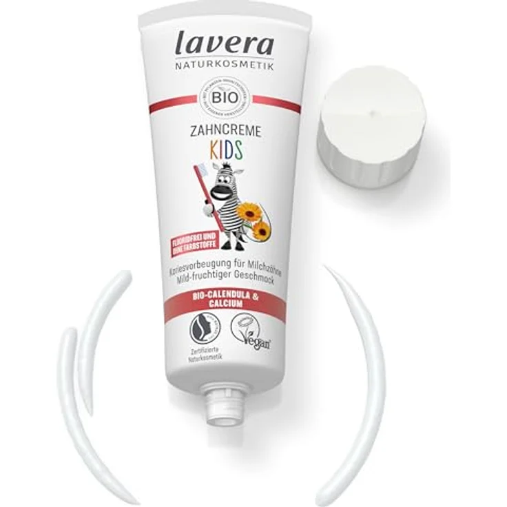 lavera Zahncreme Kids FLUORIDFREI - ohne Farbstoffe - schützt Milchzähne - mild-fruchtig - Bio Calendula & Calcium - Vegan - 75 ml – Bild 3