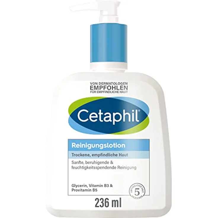 Cetaphil Reinigungslotion, 236ml, Für trockene, empfindliche Haut, Gesichtsreinigung mit und ohne Wasser anwendbar, Seifenfrei, Kein Augenbrennen