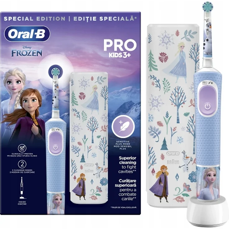 Oral-B D103 Frozen, Elektrische Zahnbürste für Kinder, sanfte Reinigung mit Etui und Aufkleber
