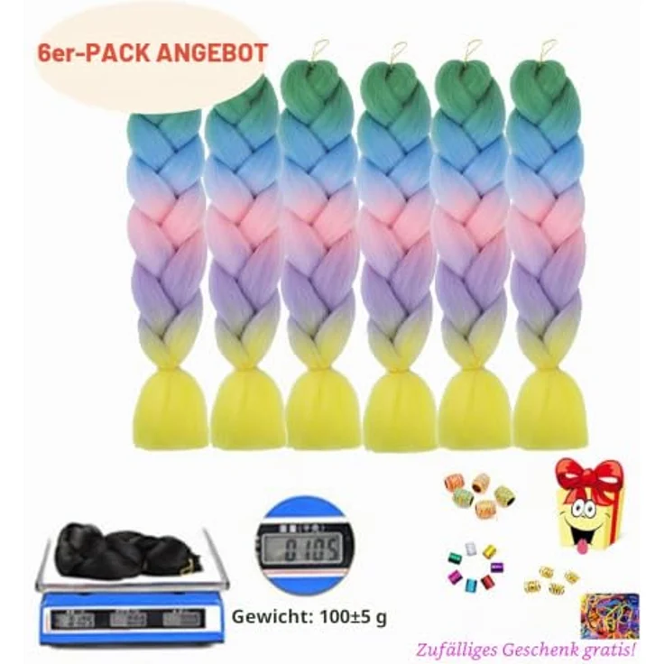 Shangxiu Rainbow Colors Zöpfe Haarverlängerungen, 24" (60cm) Yaki Textur mit 600g synthetischem Haar, 6 Stück pro Paket – Bild 4