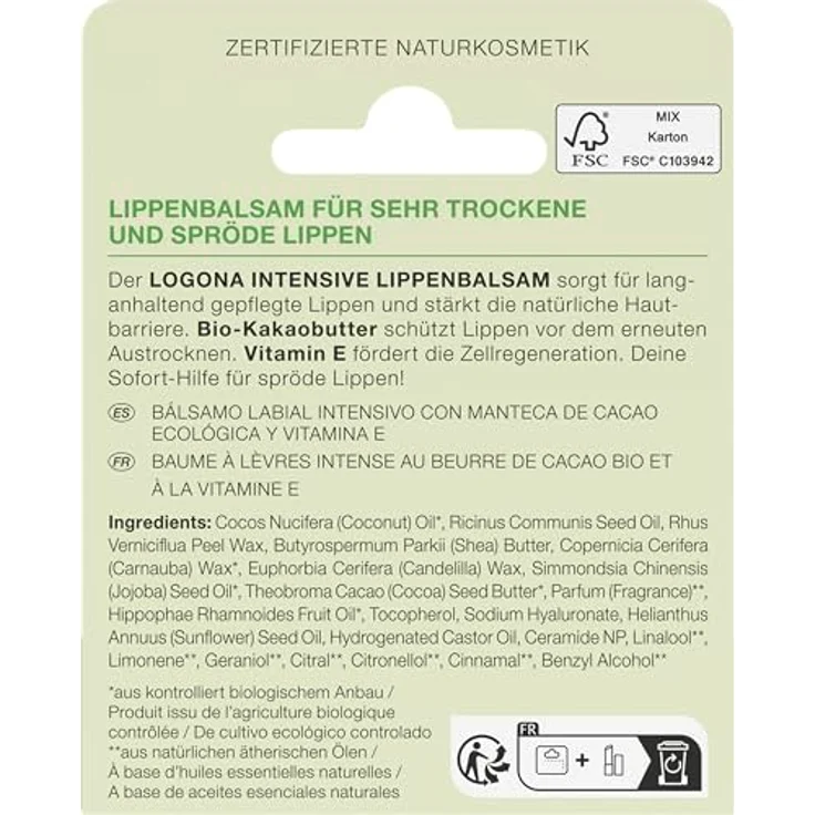 LOGONA Naturkosmetik NOURISH Lippenbalsam mit Bio-Kakaobutter und Vitamin E, 4,6 g - Vegan und natürliche Inhaltsstoffe für sehr trockene und spröde Lippen – Bild 2