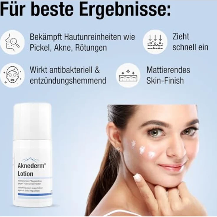 AKNEDERM mattierende Gesichtslotion gegen Pickel & Akne 30ml - Tageslotion für fettige Haut, wirkt antibakteriell & reguliert Talg – Bild 2