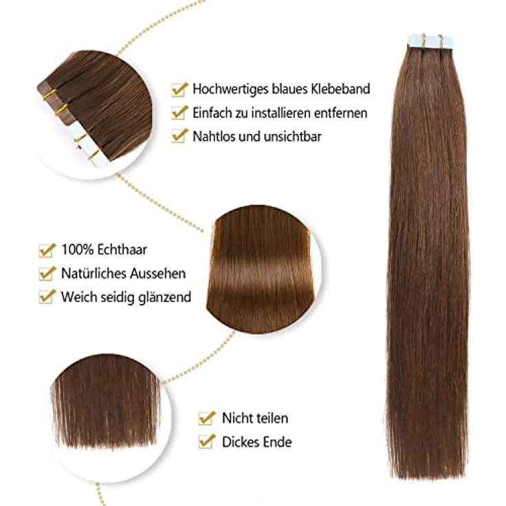 YILITE Tape Extensions Echthaar, Mittelbraun 40cm, 20 Stück, 40g, Invisible Skin Weft, Seidig Gerade, Wiederverwendbar – Bild 3