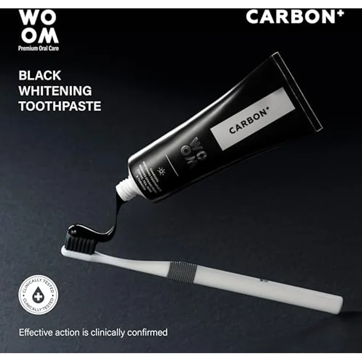 Woom Carbon+ Premium Toothpaste Whitening Zahnaufhellung Schwarze Aktivkohle Zahnpasta Aktivkohle Paste für Weiße Zähne Zahncreme mit Fluorid 75ml – Bild 2