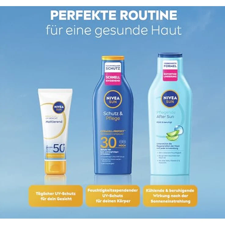 NIVEA SUN Schutz & Pflege Sonnenlotion LSF 30, wasserfester Sonnenschutz mit Vitamin C & Hyaluron, 48h Feuchtigkeit, ohne weißen Film, 200 ml – Bild 3