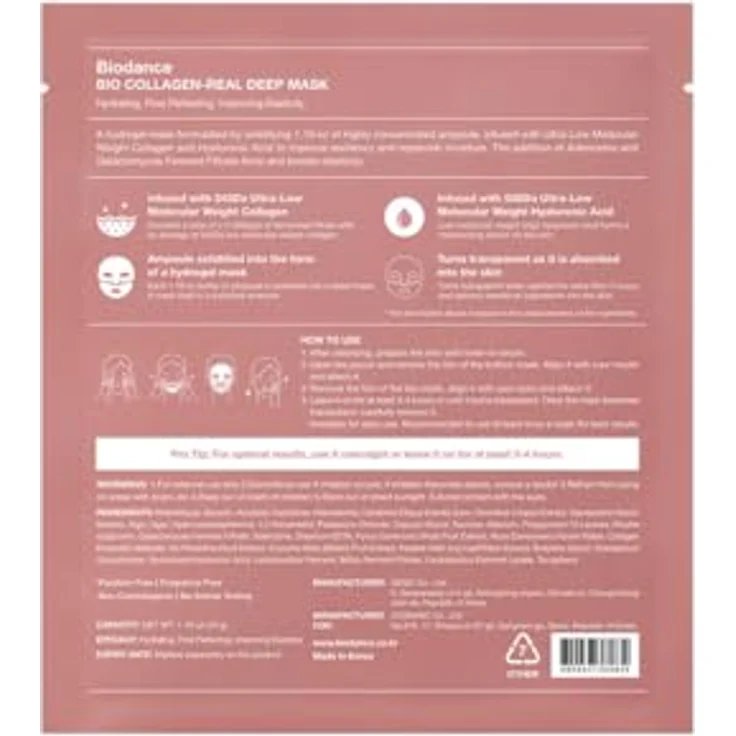 Biodance Bio Collagen Deep Face Mask, Feuchtigkeitsspendende Korean Skincare mit Hyaluronsäure, Niacinamid und Galactomyceten, 4 Blätter, 34 g – Bild 3