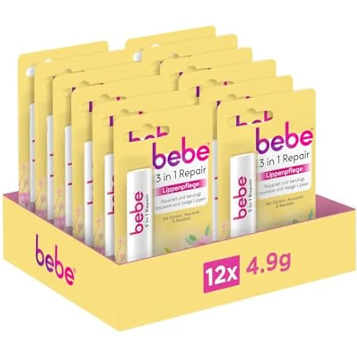 bebe 3in1 Repair Lippenpflege mit Glycerin, Avocadoöl & Mandelöl, repariert und beruhigt trockene & rissige Lippen, ohne Mineralöle, 12 x 4,9 g