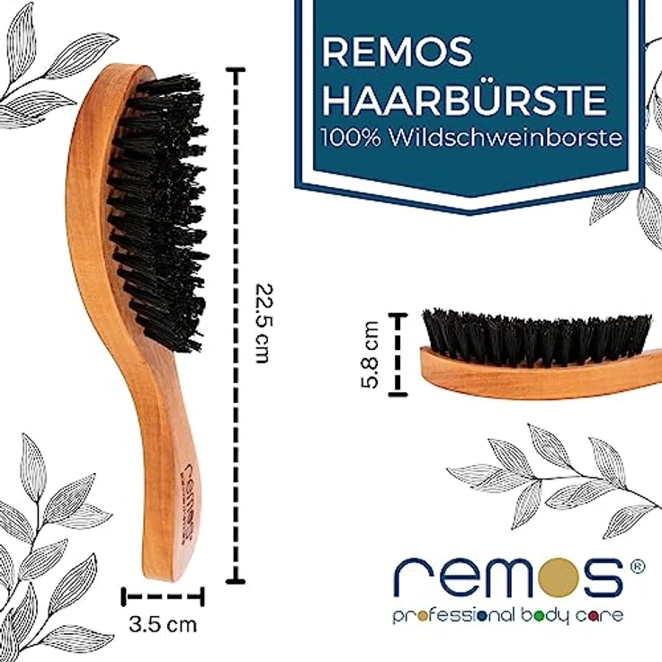 REMOS Haarbürste mit 100% Wildschweinborste, Birnbaumholz, ergonomischer Griff, plastikfrei, 22.5 x 5.8 x 3.5 cm – Bild 5