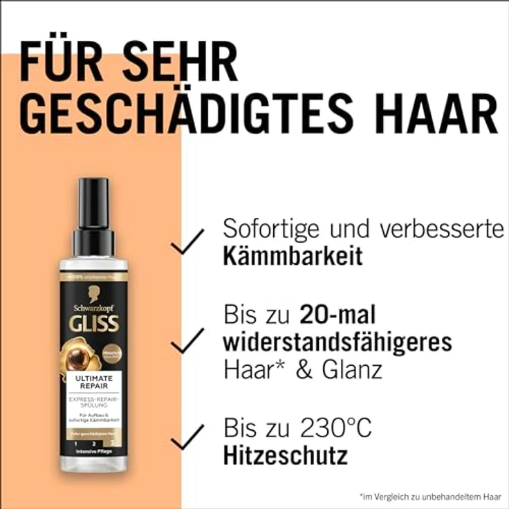 Gliss Express-Repair-Spülung Ultimate Repair, Haarspülung mit Keratin und Hitzeschutz bis 230 °C, 200 ml – Bild 4