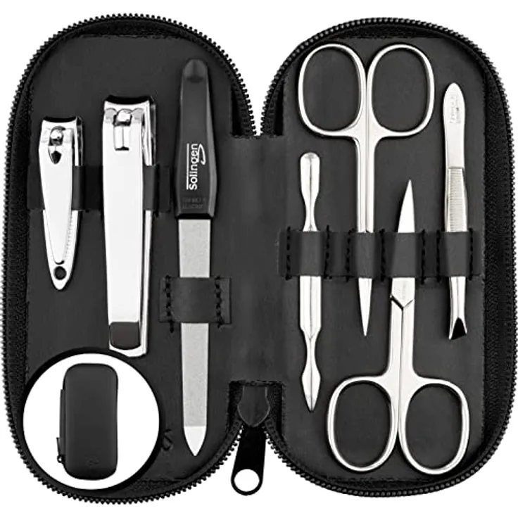 marQus Maniküre Set Solingen, 7tlg. Nagelset mit echtem Leder Etui, glanzvernickeltem Stahl, für Damen und Herren