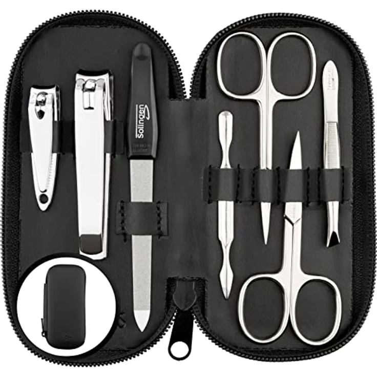 marQus Maniküre Set Solingen, 7tlg. Nagelset mit echtem Leder Etui, glanzvernickeltem Stahl, für Damen und Herren – Bild 1