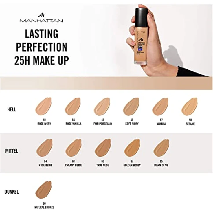 Manhattan Lasting Perfection 25 Stunden Make up, Creamy Beige 61, feuchtigkeitsspendende Foundation, langanhaltend, hohe Deckkraft, für einen makellosen Teint, 30 ml – Bild 5