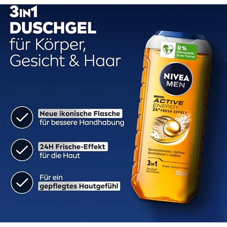 NIVEA MEN Active Energy Duschgel, pH-hautneutrale Pflegedusche mit Koffein, 250 ml, revitalisierende Formel für Körper, Gesicht und Haar – Bild 2