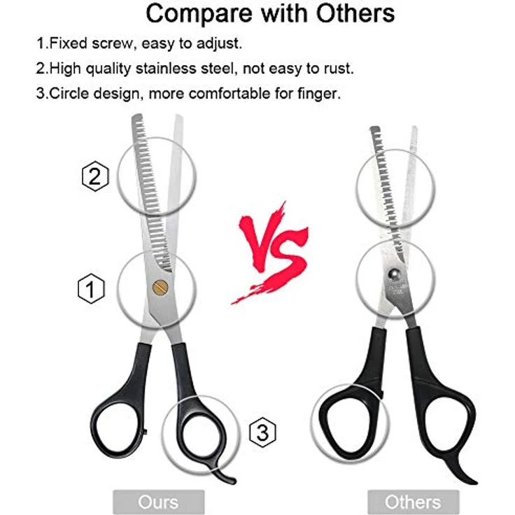 URAQT Haarschere Set, 2 Professionelle Scheren mit Effilierer und Kamm, Ergonomisches Design, Edelstahl, Schwarz – Bild 5