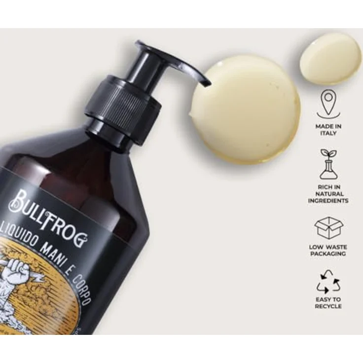 Bullfrog Flüssigseife für Hände und Körper 500 ml, umhüllende Textur mit natürlichen Inhaltsstoffen, würzige und frische Noten, Made in Italy – Bild 2