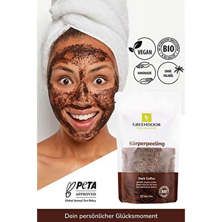 GREENDOOR Naturkosmetik straffendes Natur Körperpeeling Kaffee 220g vegan, gegen Cellulite Schwangerschaftsstreifen, mit BIO Arabica und extra natürlichem Koffein – Bild 5