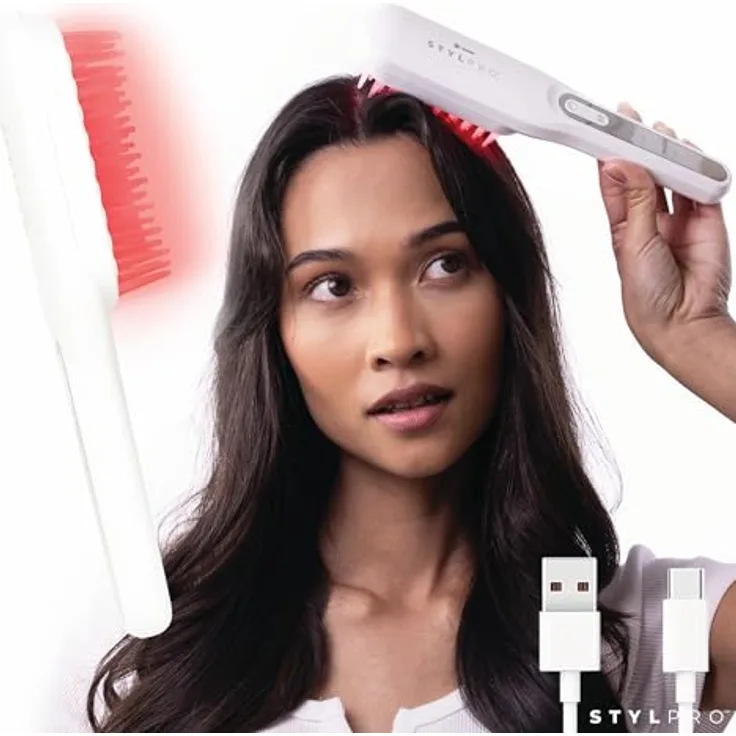 STYLPRO Rotlicht Haarbürste Root Renew, 49x 655nm LEDs, stimuliert Haarwachstum, ergonomische flexible Borsten, wiederaufladbar, tragbares Design, Kopfhautmassage mit Ultraschall