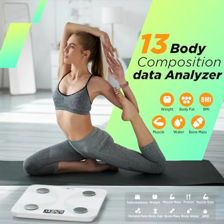 RunSTAR Körperfettwaage, digitale Personenwaage mit großem LCD-Display, 13 Körperanalysewerte, App-Synchronisierung, Weiß – Bild 2