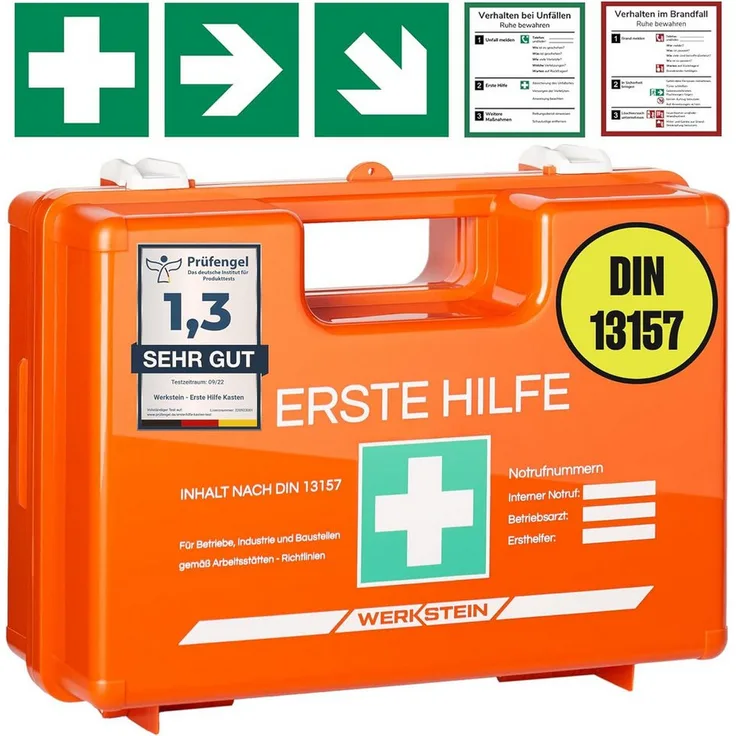 Werkstein Erste-Hilfe-Koffer mit Inhalt nach neuer DIN 13157:2021 I, inkl. Wandhalterung, 5x Aufkleber & Plombe, Verbandskasten für Betriebe, Einrichtungen & Zuhause