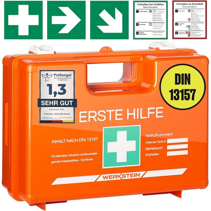 Werkstein Erste-Hilfe-Koffer mit Inhalt nach neuer DIN 13157:2021 I, inkl. Wandhalterung, 5x Aufkleber & Plombe, Verbandskasten für Betriebe, Einrichtungen & Zuhause