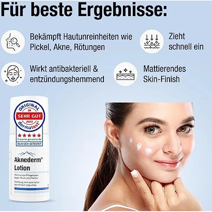 AKNEDERM mattierende Gesichtslotion gegen Pickel & Akne 2 x 30ml - Tageslotion für normale bis fettige & unreine Haut - Creme für fettige Haut, wirkt antibakteriell & reguliert Talg – Bild 2
