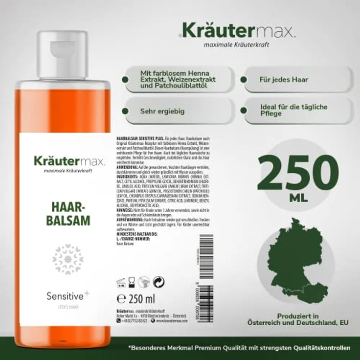 Kräutermax Haarbalsam Naturkosmetik Sensitive ohne Silikon Spülung Conditioner Intensivpflege für mehr Glanz und Kämmbarkeit für jedes Haar geeignet 1 x 250 ml – Bild 4