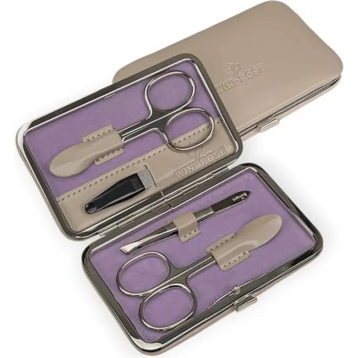 Windrose Merino Moda Maniküre-Set, Nagelpflegegerät in Beige, 11,5 cm mit 2 Scheren, Nagelfeile und Pinzette