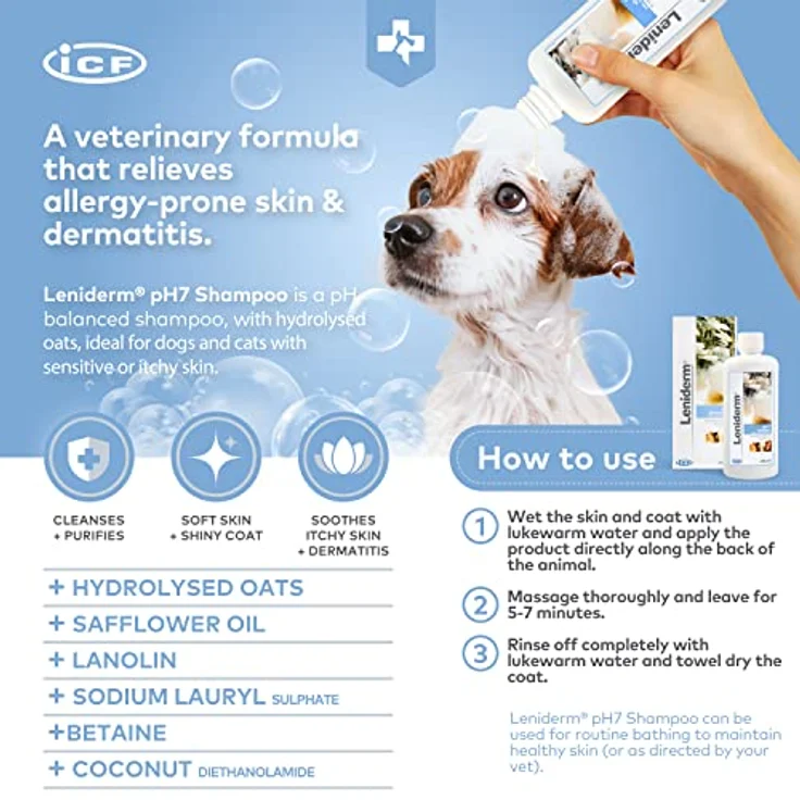 ICF Leniderm SHAMPOO für Hunde und Katzen - 250 ml, Hundeshampoo mit empfindlicher Haut, Linderung von Juckreiz, Geruchsentferner, professionell entwickelt – Bild 2
