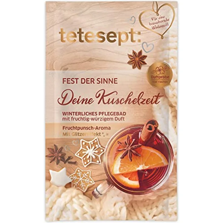 tetesept Feste der Sinne Deine Kuschelzeit – Meersalz Badezusatz mit Gold-Glitzereffekt – winterliches Pflegebad mit fruchtig-würzigem Fruchtpunsch-Aroma – 1 x 60 g