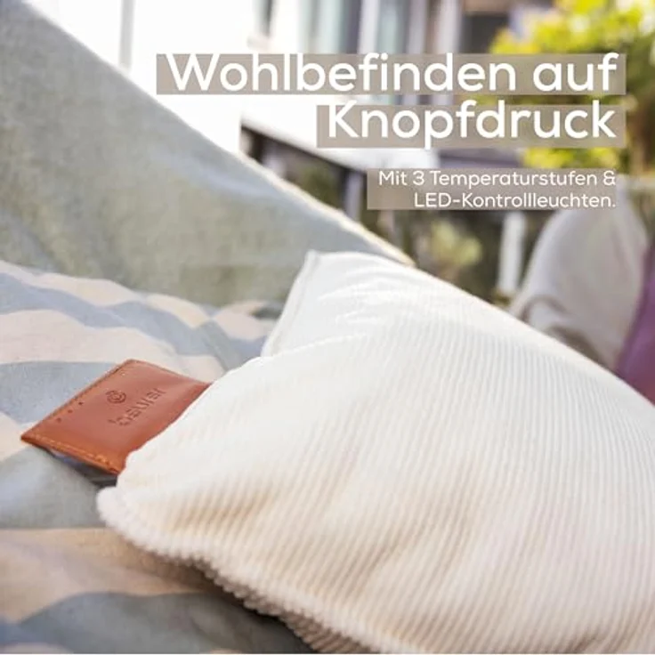 Beurer Heaty Heizkissen, kabelloses Wärmekissen mit Akku für bis zu 8 Stunden Wärme, 3 Temperaturstufen, Schnellheizung, Abschaltautomatik, weicher Cordstoff, cashmere-creme/weiß – Bild 5