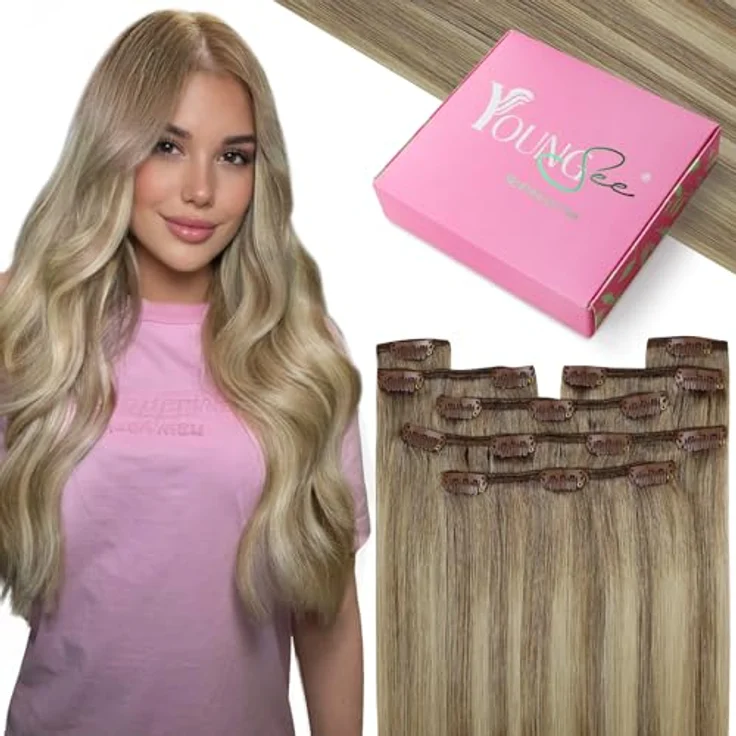 YoungSee Echthaar Extensions Clip Ombre 40 cm, Remy Haarsystem in Hellbraun mit Blond, 120g, Hitzebeständig, Schnellmontage ohne Werkzeug – Bild 1