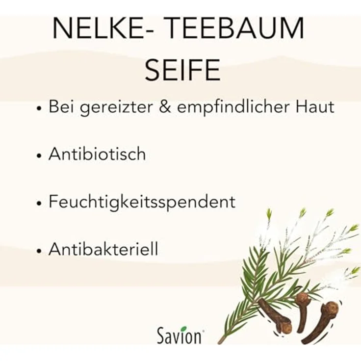 Savion Nelke-Teebaum Handseife 80g, Körperseife mit Teebaumöl, antibiotischen Eigenschaften und rückfettend – Bild 3