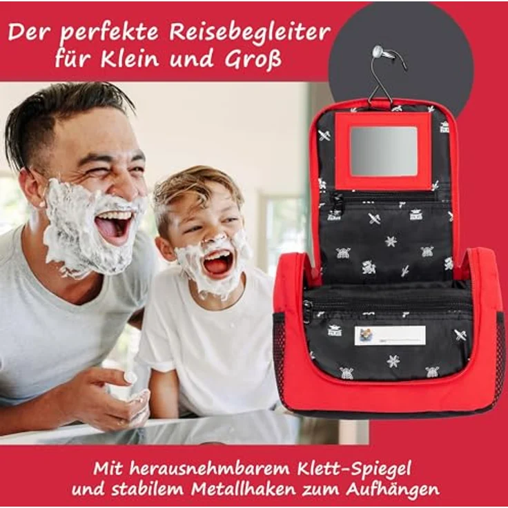 GRINSEZWERGE Kinder Kulturtasche, Reise Kulturbeutel zum Aufhängen mit 3 Reißverschluss- und 4 Netztaschen, Premium Qualität, inklusive abnehmbarem Spiegel und Namensschild – Bild 4