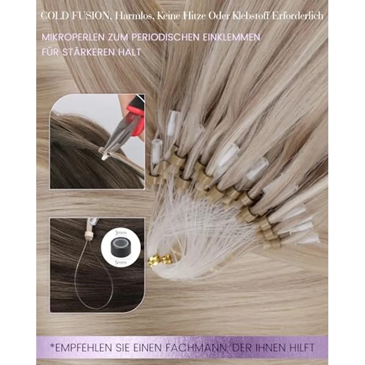 LaaVoo Microring Extensions, Echthaar Haarverlängerung in Aschblond Highlighted Blond, 50g, 35cm, Remy Bondings #P18/613 – Bild 3