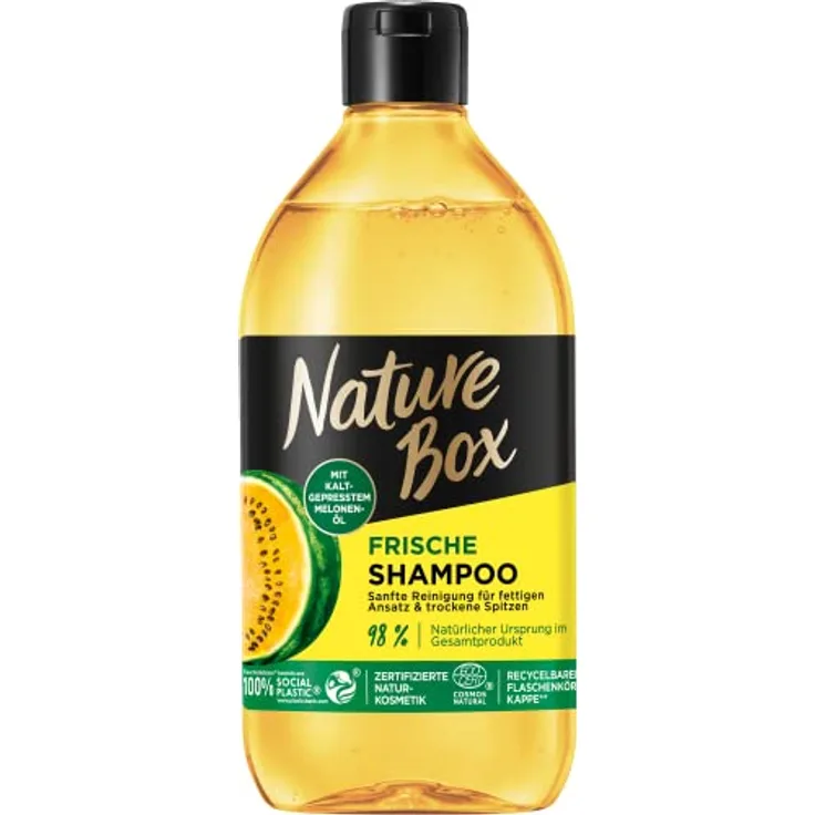 Nature Box Shampoo Frische (385 ml), Haarshampoo mit kaltgepresstem Melonen-Öl, Pflegeshampoo für fettigen Ansatz & trockene Spitzen, Flasche aus 100% Social Plastic