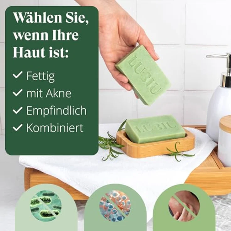 lubiu Teebaumöl Seife Stück, 100g Naturseife zur Bekämpfung von Pickeln und Akne für Gesicht und Körper – Bild 4