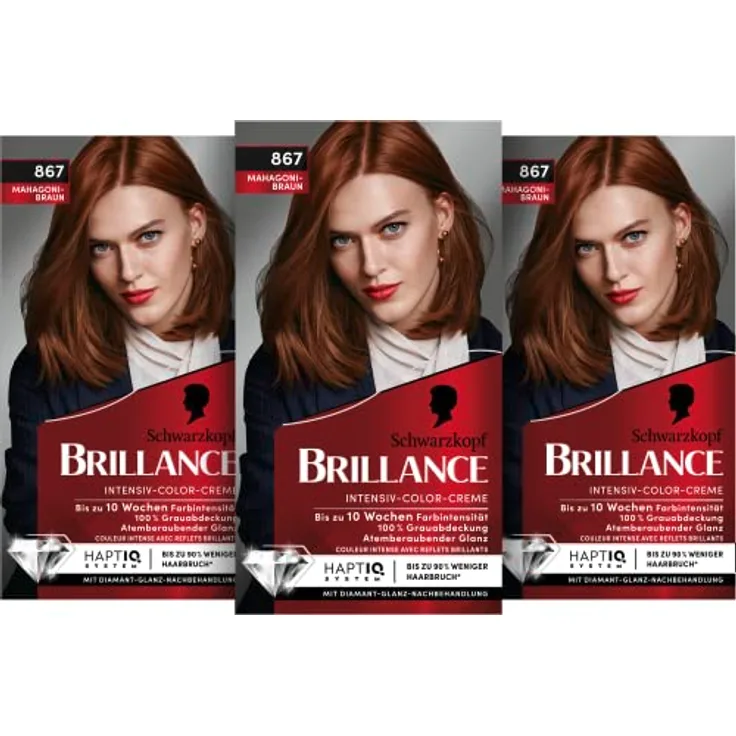 Brillance Intensiv-Color-Creme 867 Mahagonibraun Stufe 3 (3 x 160 ml), dauerhafte Haarfarbe mit Diamant-Glanz-Effekt & Pflege-Conditioner, 10 Wochen Farbintensität
