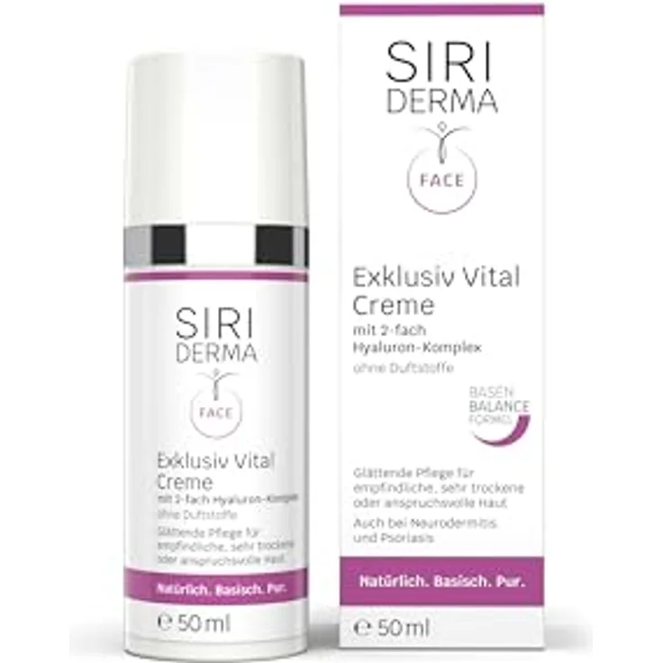 SIRIDERMA Exklusiv Vital Creme | Tages- und Nachtpflege mit Hyaluron | Glättende Pflege für reife Haut | Auch bei Neurodermitis (ohne Parfum, 50 ml)
