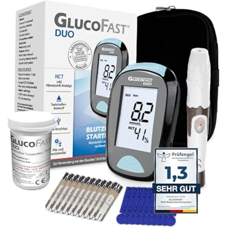 GLUCOFAST Duo Blutzuckermessgerät Starter-Set, inkl. 10 Teststreifen & Lanzetten, präzise Blutmessung in mmol/L, kompakt und schmerzarme Anwendung – Bild 1