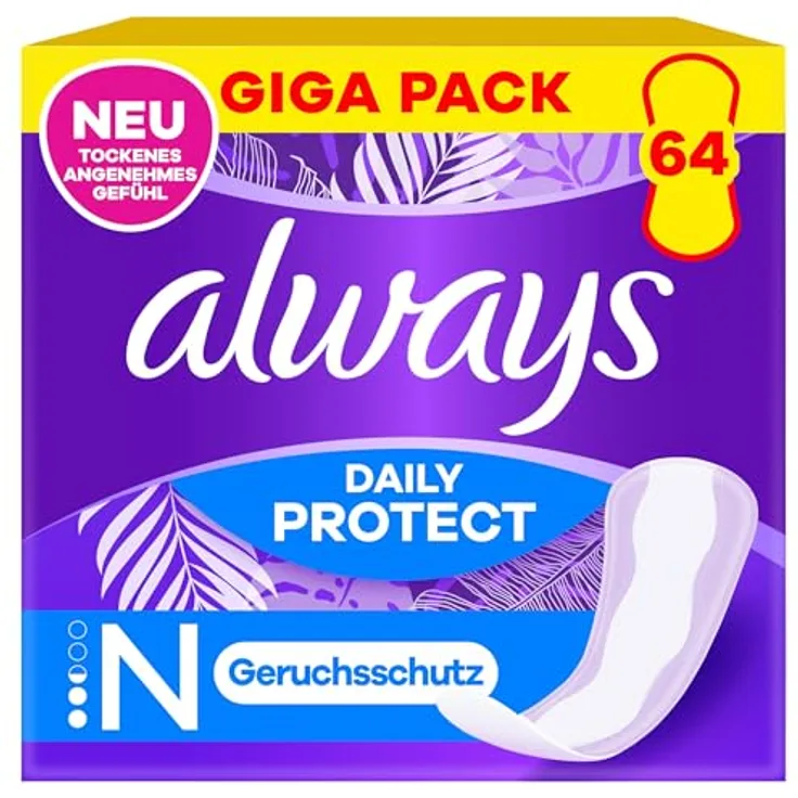 Always Daily Protect Normal Slipeinlagen, 64 Stück, Geruchskontrolle mit seitlichem Auslaufschutz, dermatologisch getestet