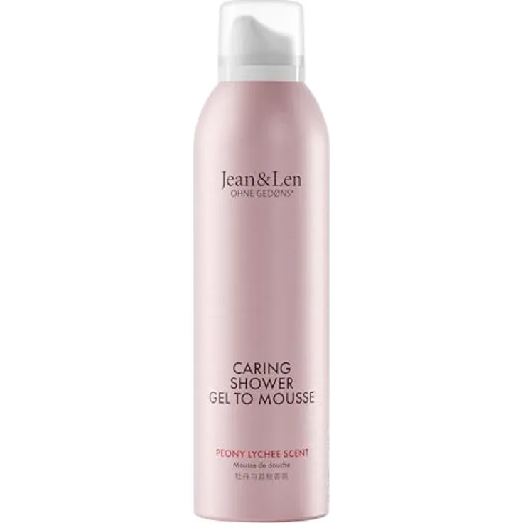 Jean & Len Caring Shower Gel To Mousse Peony & Lychee, Duschschaum mit Mandel-, Jojoba- und Babassuöl, für normale Haut, ohne Parabene & Silikone, vegan, 200 ml