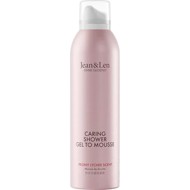 Jean & Len Caring Shower Gel To Mousse Peony & Lychee, Duschschaum mit Mandel-, Jojoba- und Babassuöl, für normale Haut, ohne Parabene & Silikone, vegan, 200 ml – Bild 1