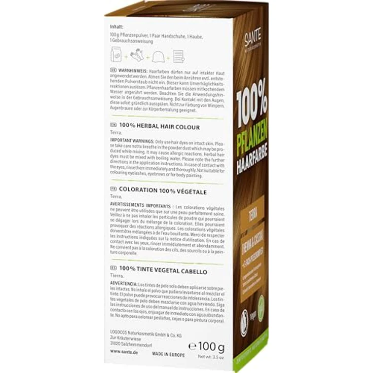 SANTE Naturkosmetik 100% Pflanzenhaarfarbe Pulver 04 Terra, vegane Haar-Coloration mit Bio-Henna & Cassia, natürliche Grauabdeckung, 3-Fach Pflegekomplex, 100g – Bild 3