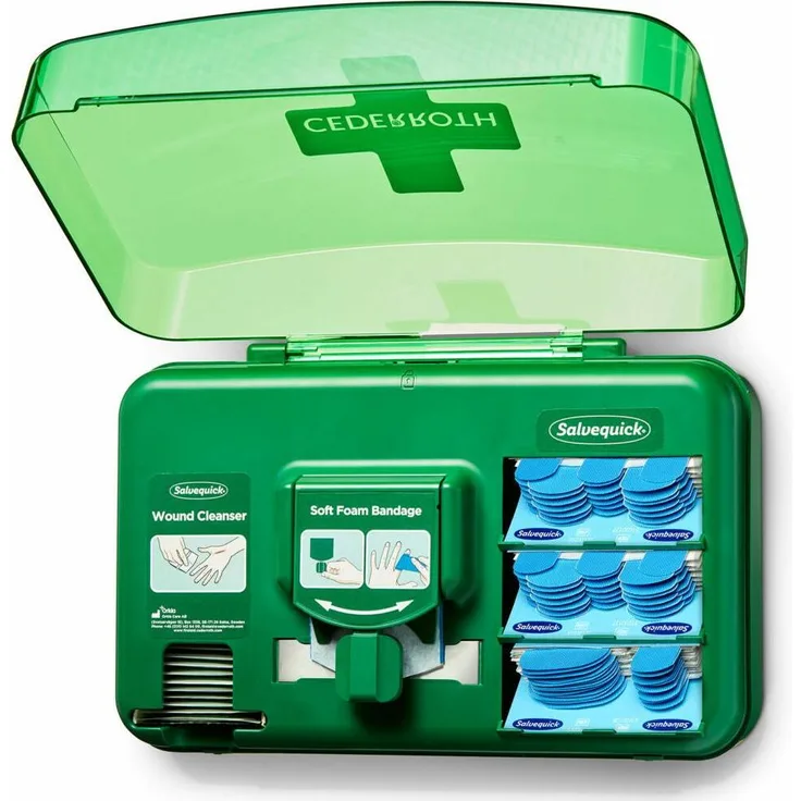 Cederroth Wound Care Dispenser Blue, Erste Hilfe Set mit Soft Foam Bandage und Wundreinigungstuch, detektierbare Pflaster