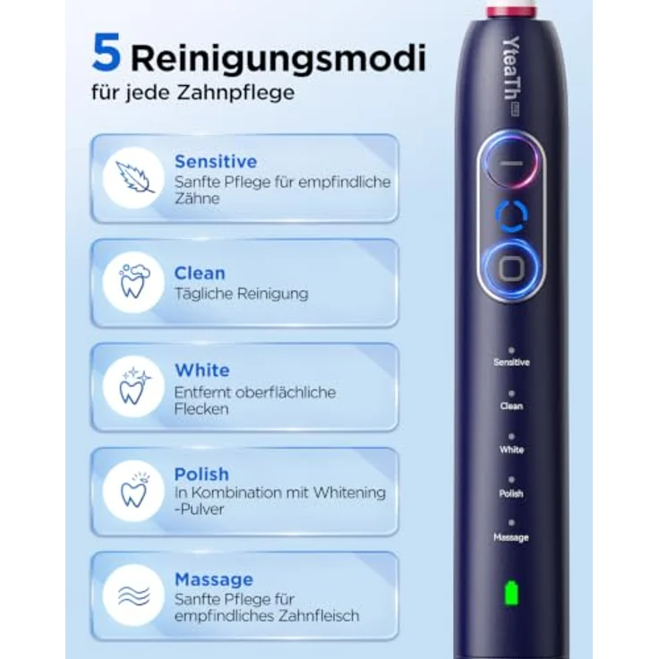 YTEATH PRO Rotierende Zahnbürsten für Erwachsene und Kinder, 8 Aufsteckbürsten, 3 Intensitäten, 5 Modi, Wandhalterung mit Ladefunktion – Bild 5