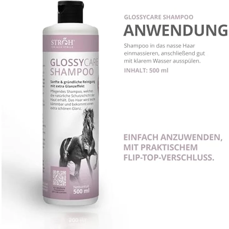 STRÖH GlossyCare Shampoo für Pferde, 500 ml, pflegendes Reinigungsmittel mit Panthenol und Johannisbeerduft, für empfindliche Haut – Bild 4